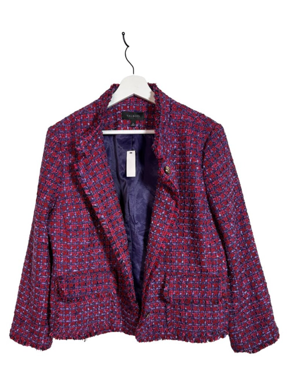 Talbots Tweed Fringe Trim Blazer Jacket Size 14 Purple Red Crest Button NWT - Picture 3 of 8